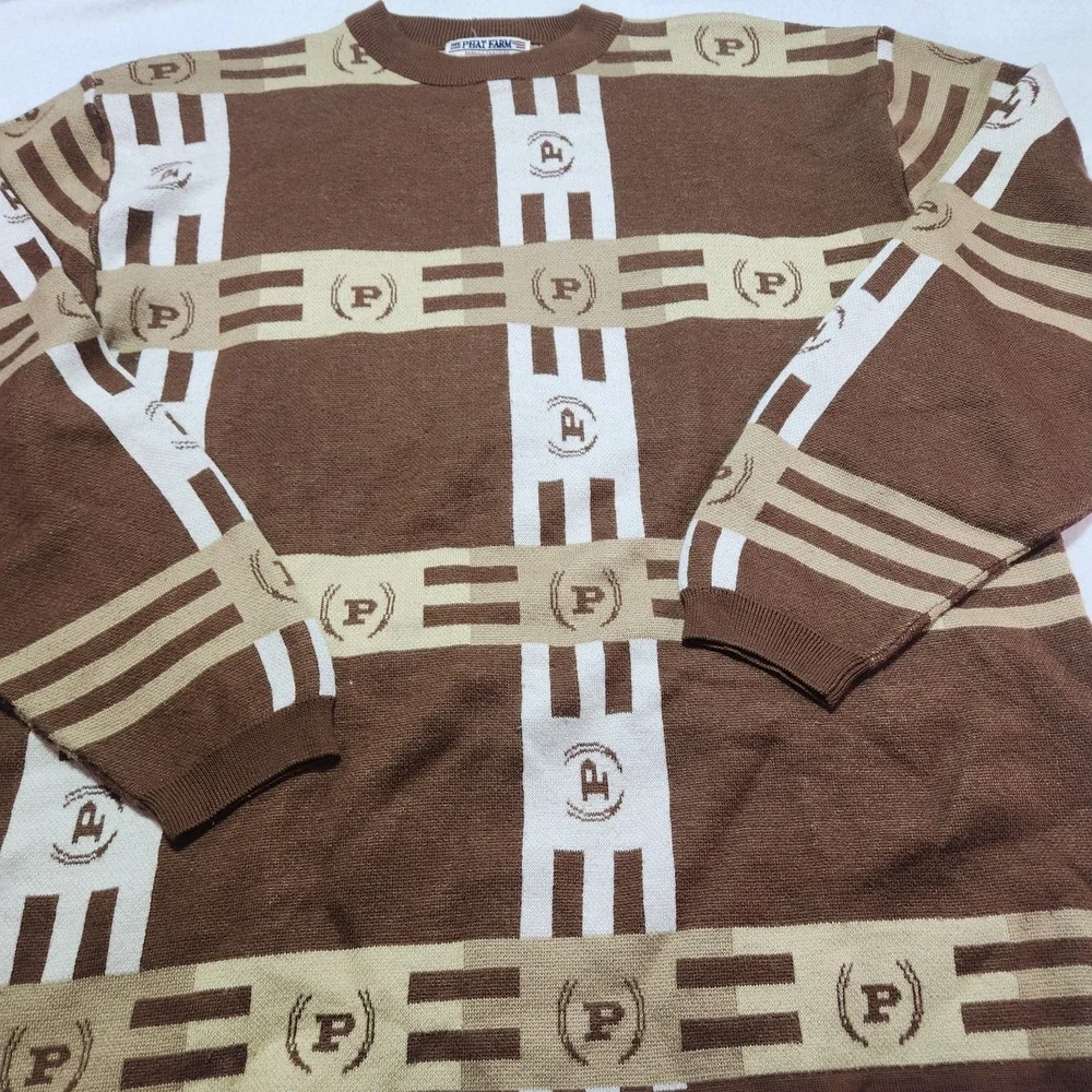 VTG Phat Farm Men's Brown 90's Wool Blend Long Sleeve Sweater Size XL